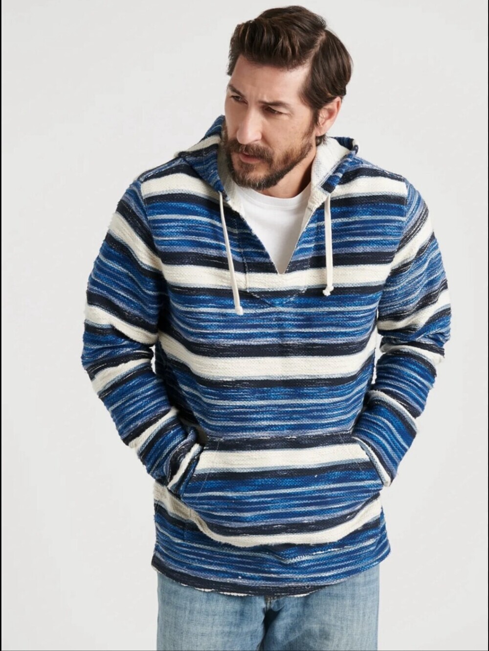 Lucky Brand Baja Mens Blue and White Striped V-Neck Sweater_Large